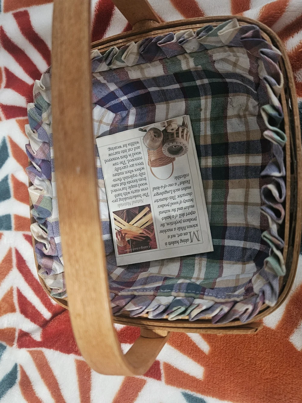 Longaberger Brown Wood Basket with Blue-Green Plaid Liner